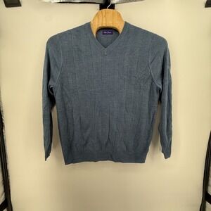 Alan Flusser‎ V-Neck Sweater Men XL Blue Preppy Academia Winter Cozy Textured